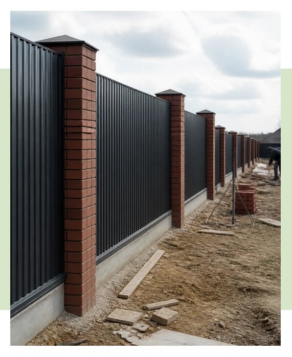 Забор из профнастила с кирпичными столбами в Барнауле