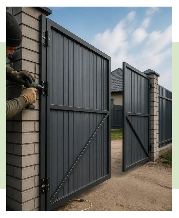 Распашные ворота из профнастила для участка в Барнауле